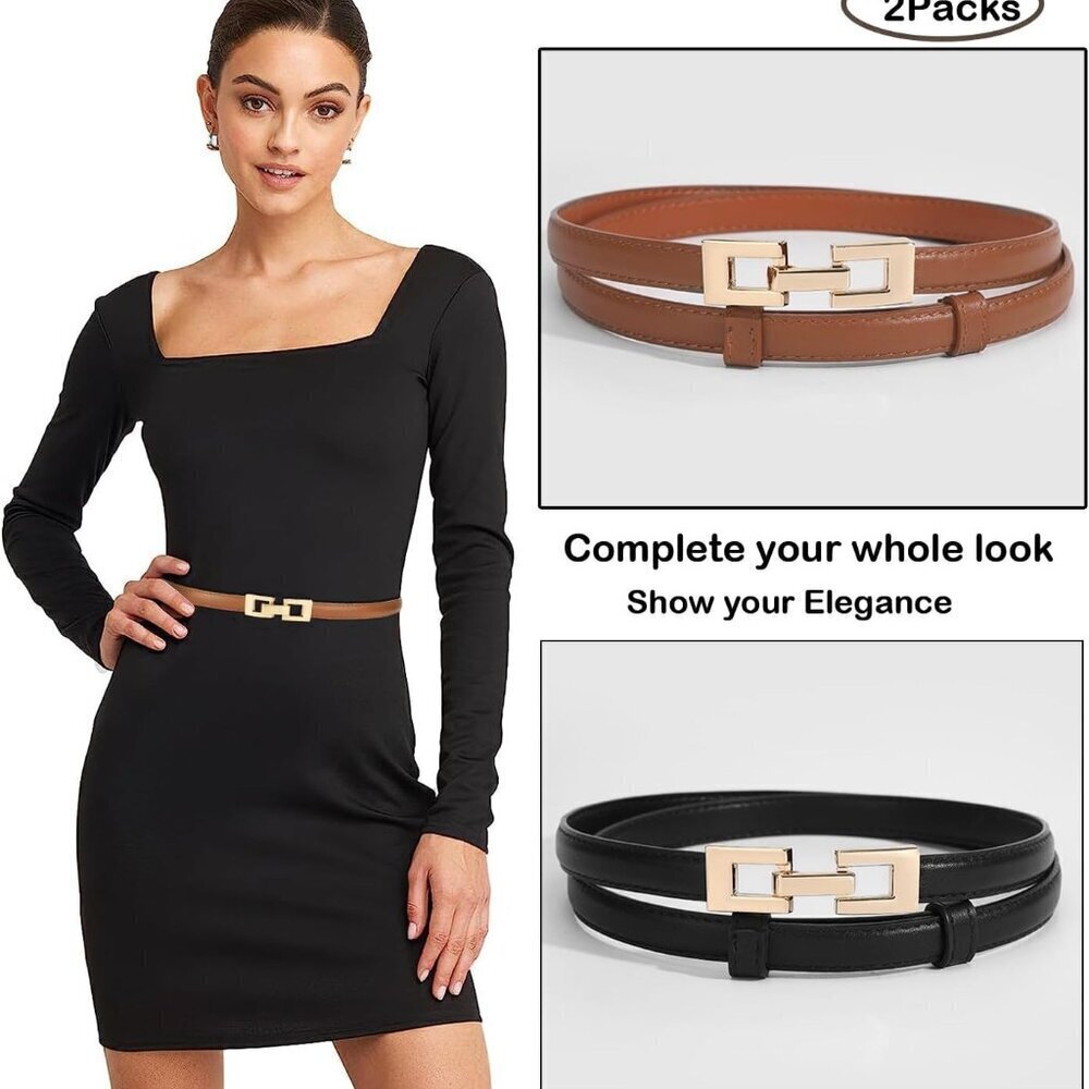 2Pack Women's Leather Belts Thin Waist Dress Belt with Gold Buckle Adjustable - Picture 2 of 7